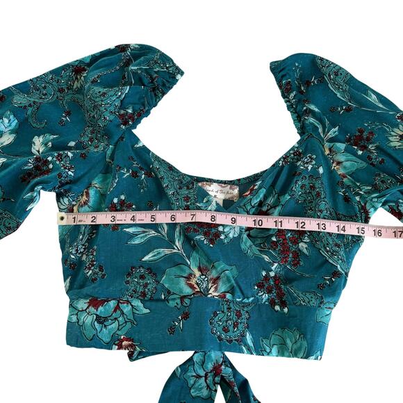 Band of the Free Sybille Teal Floral V-Neck Crop Top Long Sleeve Blouse Size XS - Picture 4 of 7
